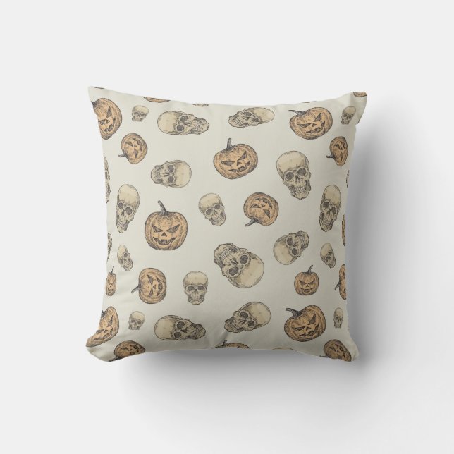 Skulls and Pumpkins Halloween Pattern Throw Pillow (Front)