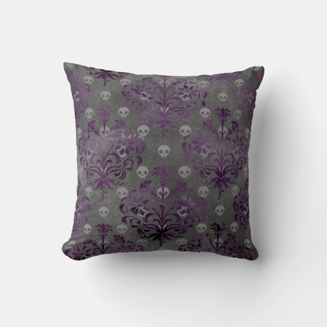 Skulls and Purple Damask on Grey Throw Pillow (Front)