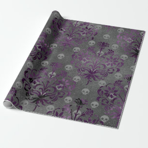 Skulls and Purple Damask on Grey Wrapping Paper
