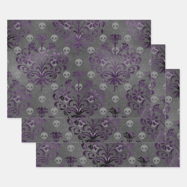 Skulls and Purple Damask on Grey Wrapping Paper Sheet (Set)