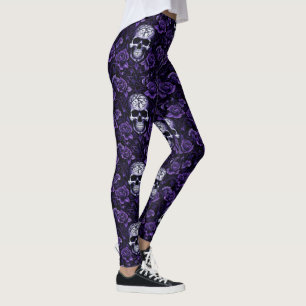 Skulls and Purple Flowers Leggings