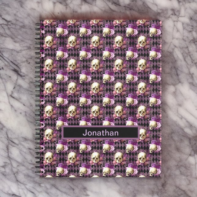 Skulls and Purple Flowers on Harlequin Background  Notebook (Creator Uploaded)