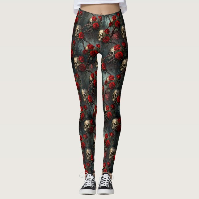 Skulls and Red Climbing Rose Leggings (Front)
