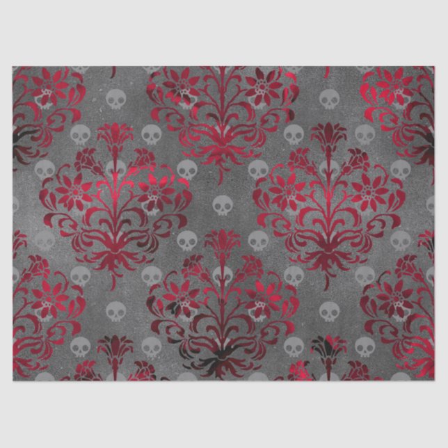 Skulls and Red Damask on Grey Decoupage Tissue Paper (Front)