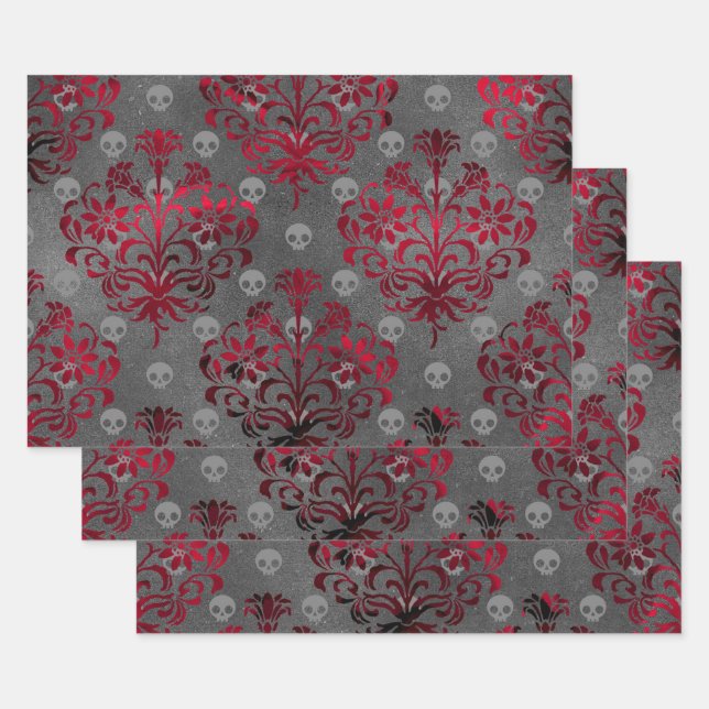 Skulls and Red Damask on Grey Wrapping Paper Sheet (Set)