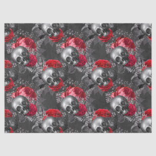 Skulls and Red Flowers on Grey Decoupage Tissue Paper