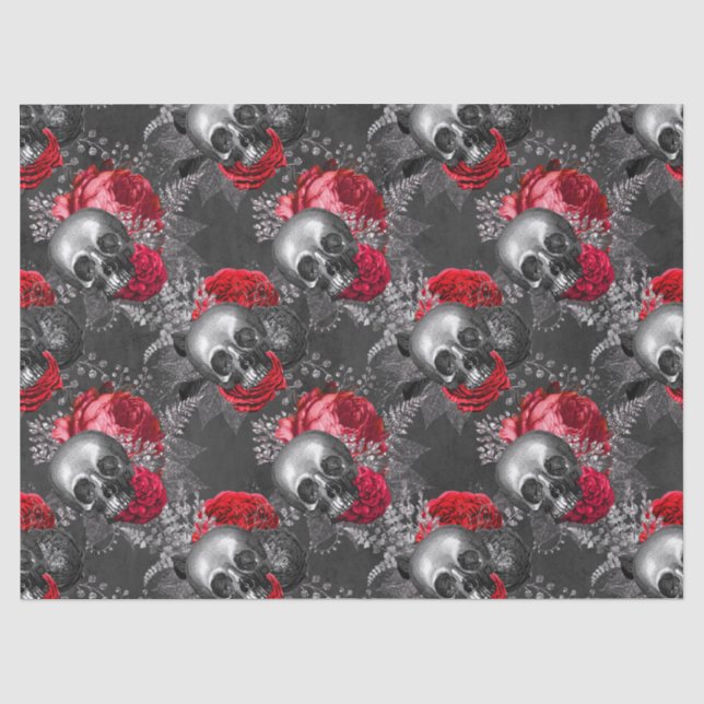 Skulls and Red Flowers on Grey Decoupage Tissue Paper (Front)