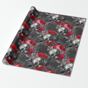 Skulls and Red Flowers on Grey Wrapping Paper