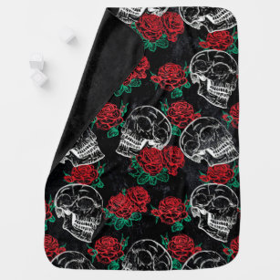 Skulls and Red Roses   Modern Gothic Glam Grunge Baby Blanket