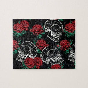 Skulls and Red Roses   Modern Gothic Glam Grunge Jigsaw Puzzle
