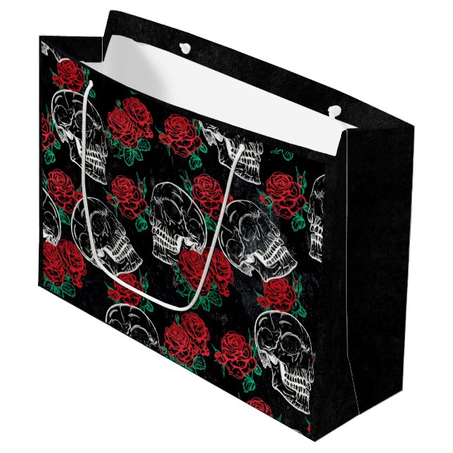 Skulls and Red Roses | Modern Gothic Glam Grunge Large Gift Bag (Front Angled)