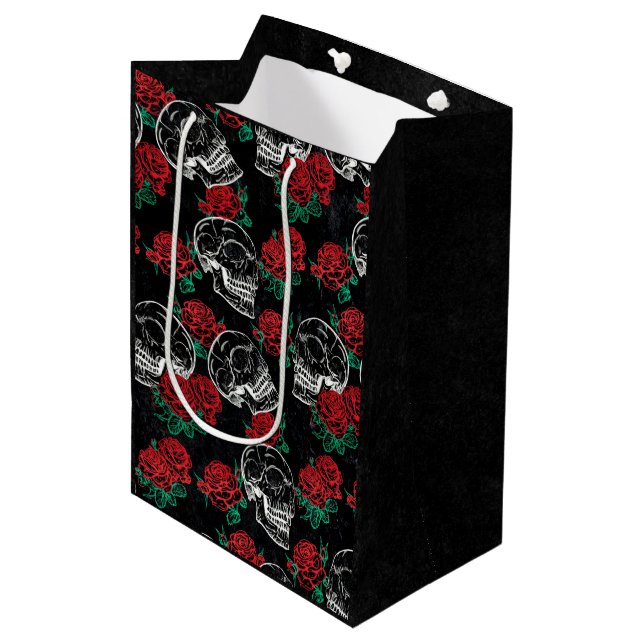 Skulls and Red Roses | Modern Gothic Glam Grunge Medium Gift Bag (Front Angled)