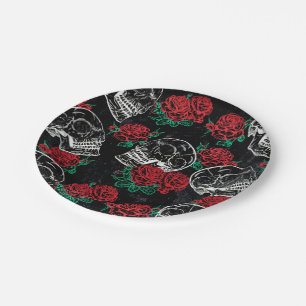Skulls and Red Roses Modern Gothic Glam Grunge Paper Plate