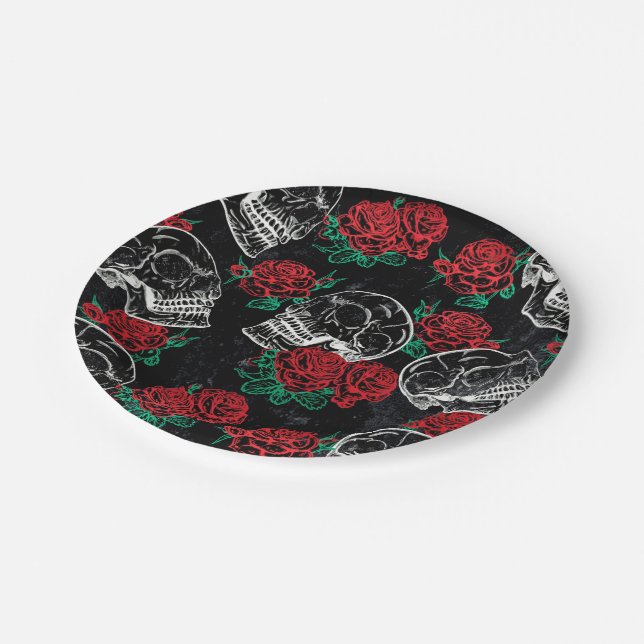 Skulls and Red Roses | Modern Gothic Glam Grunge Paper Plate (Angled)