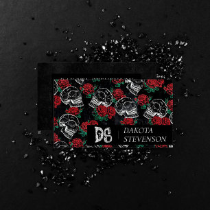 Skulls and Red Roses Modern Gothic Glam Monogram Business Card