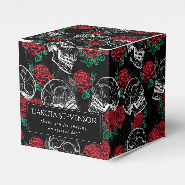 Skulls and Red Roses | Modern Gothic Thank You Favor Box (Front Side)
