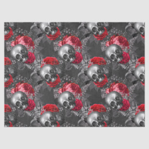 Skulls and Red Roses on Grey Decoupage Tissue Paper