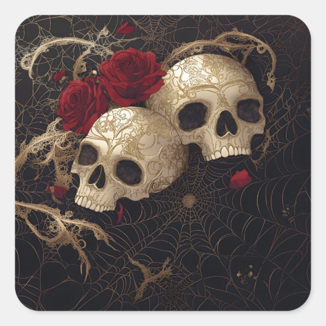 Skulls and red roses style design square sticker (Front)