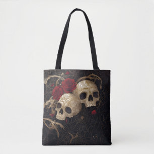 Skulls and red roses style design tote bag