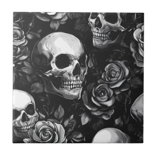 Skulls And Roses Black Gothic Tile