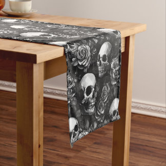 Skulls And Roses Black Halloween Short Table Runner