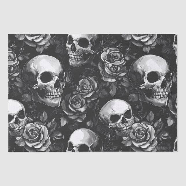Skulls And Roses Black Halloween Tissue Paper (Front)