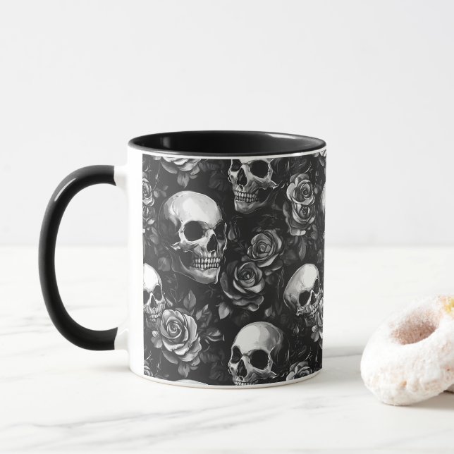 Skulls And Roses Black Mug (With Donut)