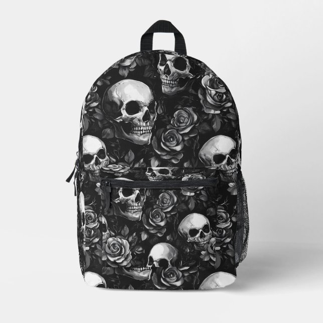 Skulls And Roses Black  Printed Backpack (Front)