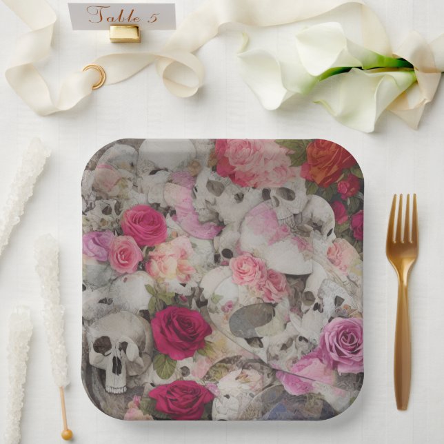 Skulls and Roses Paper Plate (Wedding)