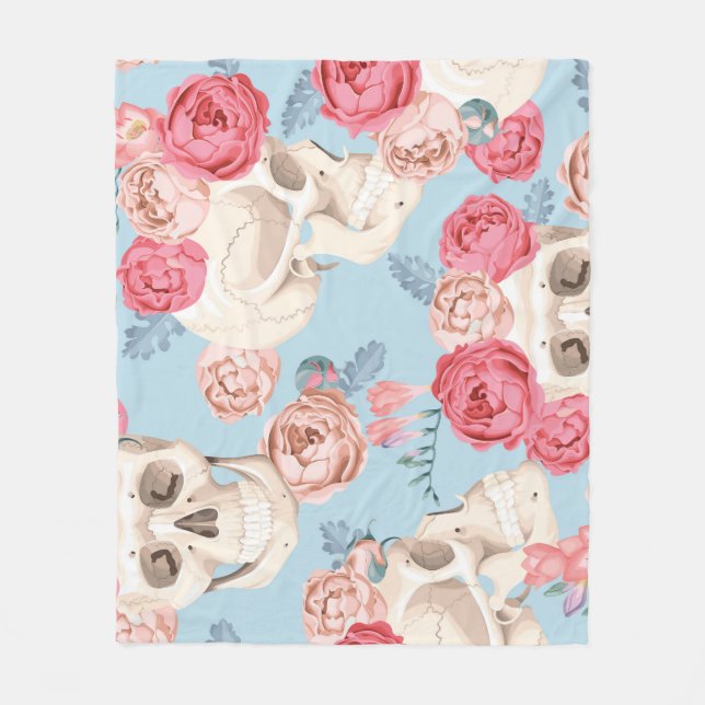 Skulls and Roses Vintage Pattern Fleece Blanket (Front)