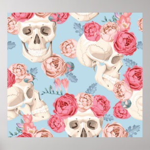Skulls and Roses Vintage Pattern Poster