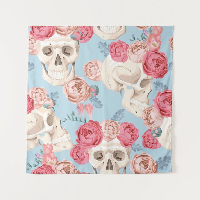 Skulls and Roses Vintage Pattern Tapestry (Front)