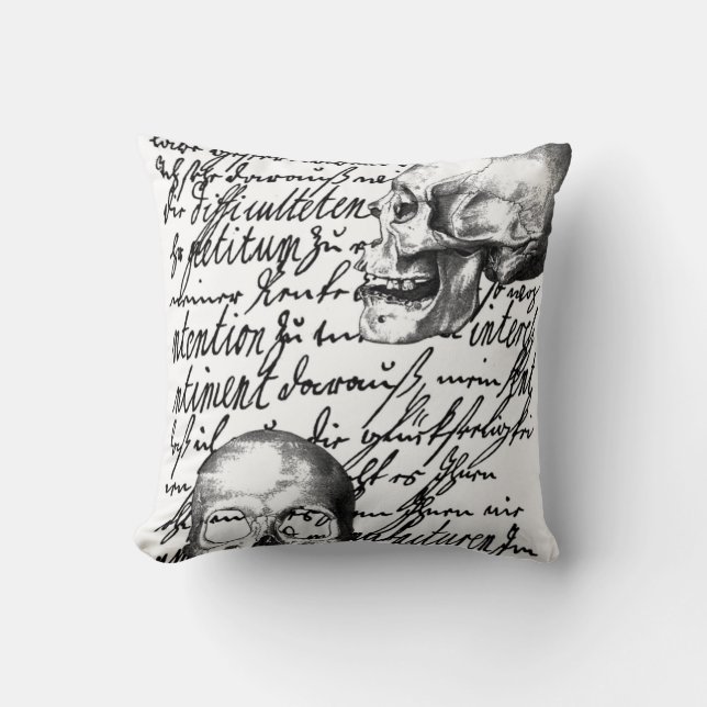 Skulls and script spell out "Liebesbrief" or Love Throw Pillow (Front)