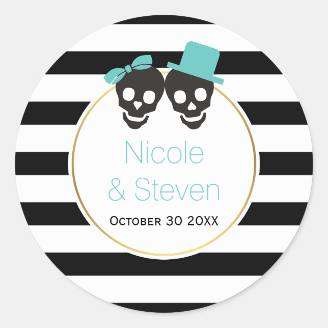 Skulls and stripes aqua blue Halloween wedding Classic Round Sticker (Front)