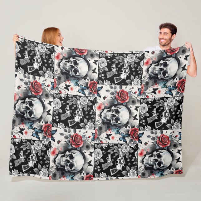 Skulls and Vintage Revolvers Floral Fleece Blanket (In Situ)
