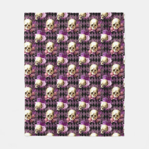 Skulls and Violet Flowers on Harlequin Background Fleece Blanket