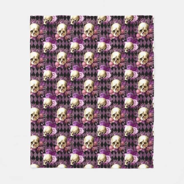Skulls and Violet Flowers on Harlequin Background Fleece Blanket (Front)