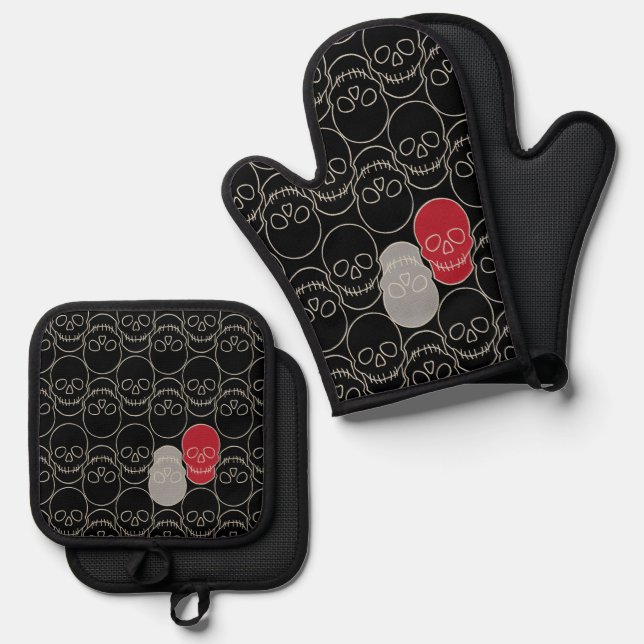 Skulls - Bat Black and Bone White Oven Mitt & Pot Holder Set (Front/Back)
