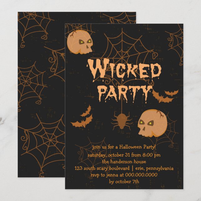 Skulls Bats and Spiders Halloween Party Invitation (Front/Back)