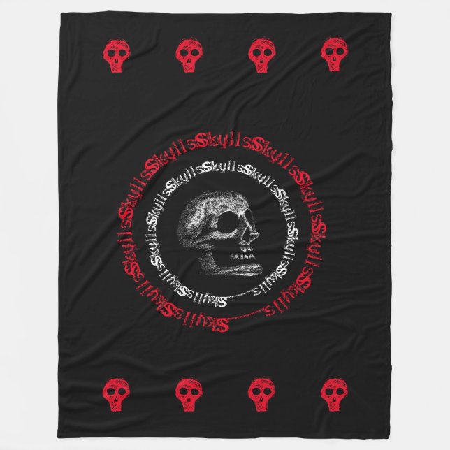 Skulls Black & White/Grey/Red Fleece Blanket (Front)