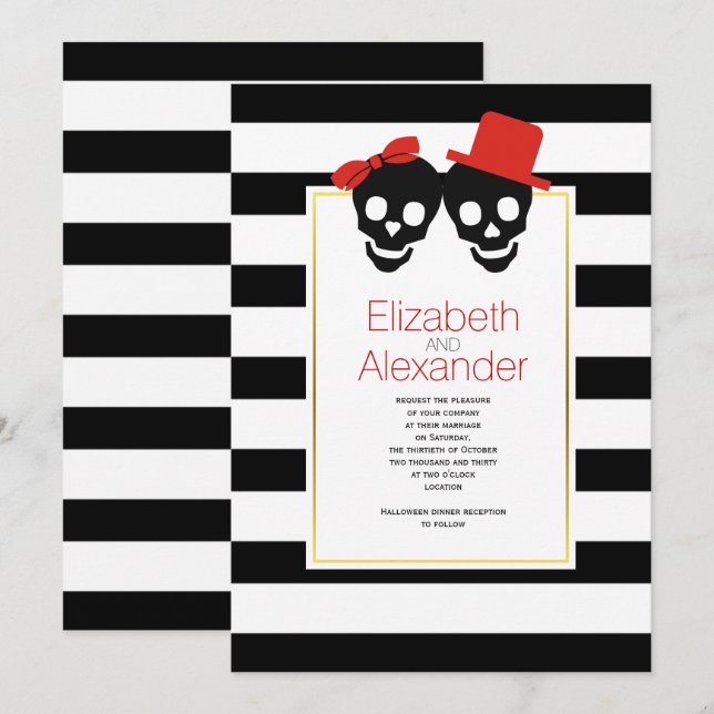 Skulls black, white stripes Halloween red wedding Invitation (Front/Back)