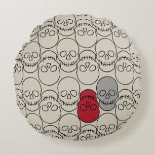 Skulls - Bone White and Bat Black Round Pillow
