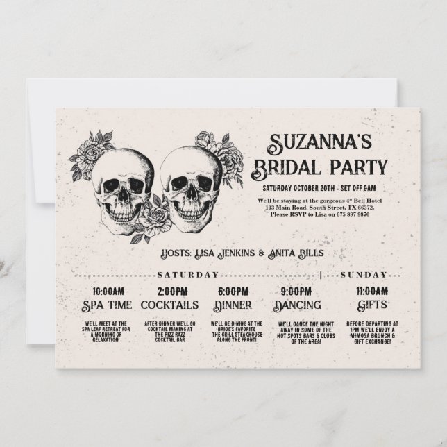 Skulls Bridal Shower Itinerary Bachelorette Roses Invitation (Front)