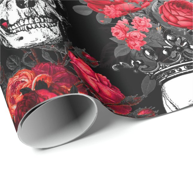 Skulls crowns and faded red roses on a dark black wrapping paper (Roll Corner)