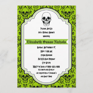Skulls damask green, black wedding bridal shower invitation