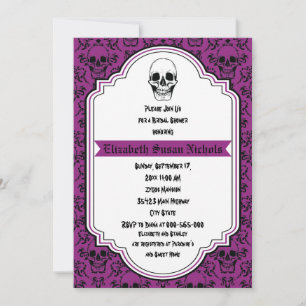 Skulls damask purple, black wedding bridal shower invitation