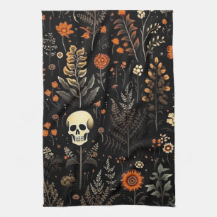 Skulls Flowers and Greenery Black Halloween Kitchen Towel
