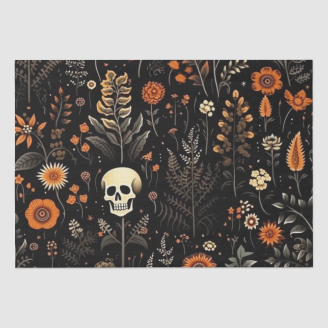 Skulls Flowers and Greenery Black Halloween Tissue Paper (Front)