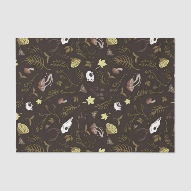 Skulls & Fungi on dark brown/redish background  Tissue Paper (Front)