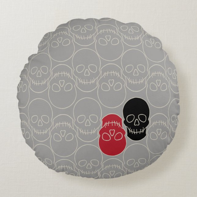 Skulls - Ghost Grey and Bone White Round Pillow (Front)